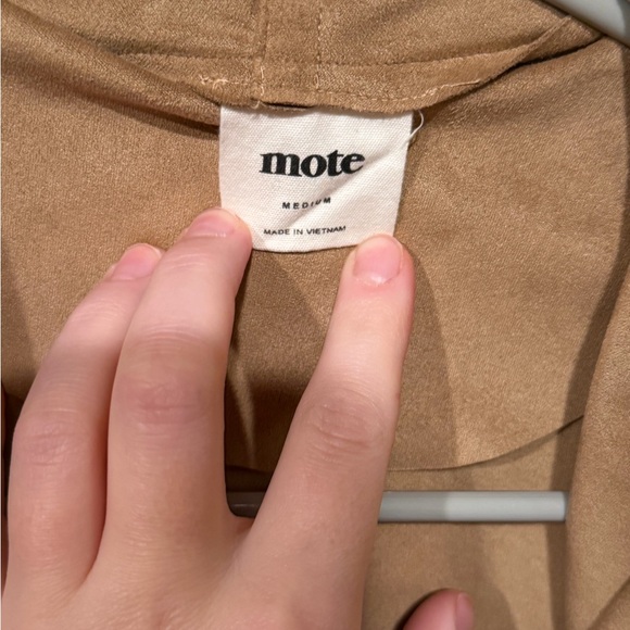 Mote faux suede moto drape zip jacket in tan. Size medium. Pre-loved. - Picture 2 of 3